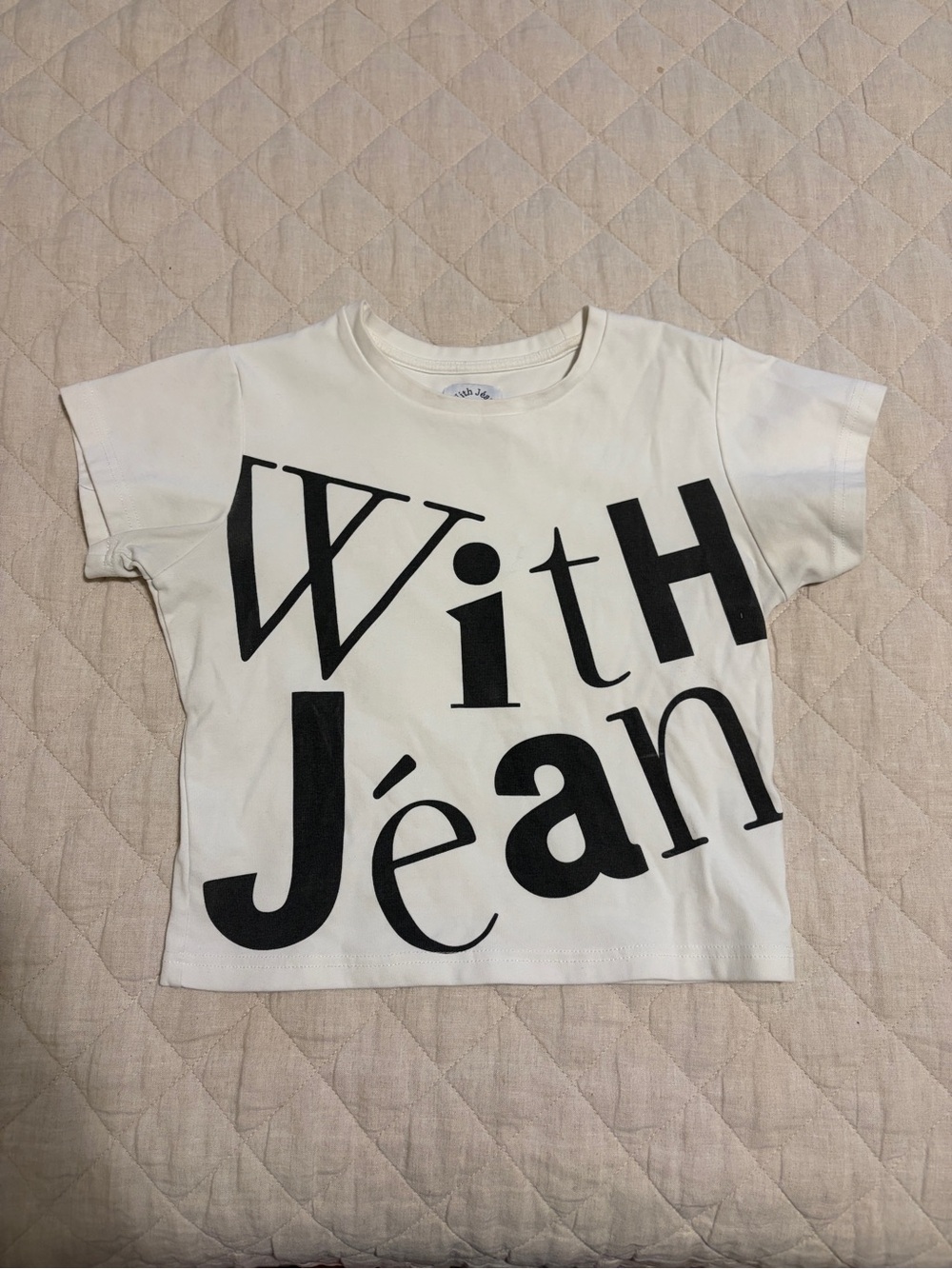 With Jean White Short Sleeve Cropped Tee with Black Graphic “With Jean”